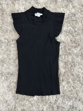 Black Ribbed Mock Neck Tank with Flutter Cap Sleeves